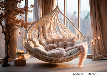 Cozy modern wicker hammock chair with a lot of pillows in the living room of a country house 107646056