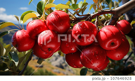 Red delicious apples hanging on The tree ,AI generated 107646928