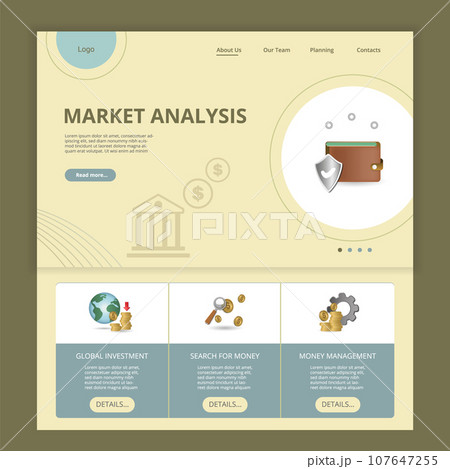 Payment security flat landing page website template. Global investment, search for money, money management. Web banner with header, content and footer. Vector illustration. 107647255