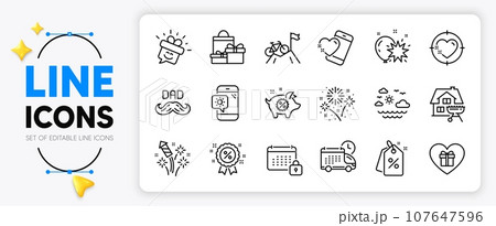 Father day, Discount and Fireworks rocket line icons set for app include Discount tags, Delivery, Fireworks outline thin icon. Home grill, Piggy sale, Romantic gift pictogram icon. Vector 107647596
