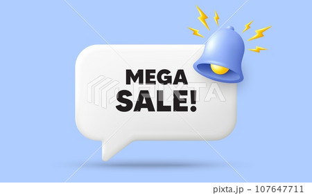 Mega Sale tag. 3d speech bubble banner with bell. Special offer price sign. Advertising Discounts symbol. Mega sale chat speech message. 3d offer talk box. Vector Mega Sale tag. 3d speech bubble banner with bell. Special offer price sign. Advertising Discounts symbol. Mega sale chat speech message. 3d offer talk box. Vector 107647711