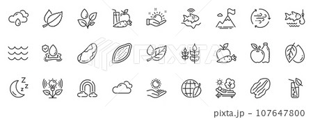Icons pack as Wind energy, Plants watering and Apple line icons for app include Waves, Juice, Pecan nut outline thin icon web set. Water glass, Sunny weather, Sun protection pictogram. Vector 107647800