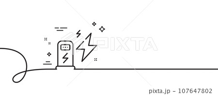 Charging station line icon. Continuous one line with curl. Car charge place sign. Electric power symbol. Charging station single outline ribbon. Loop curve pattern. Vector 107647802