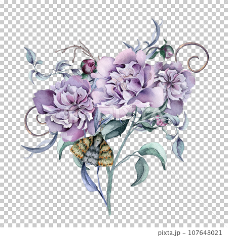 Watercolor purple pink bunch of peony flowers isolated on white. Gothic floral botanical bud Illustration hand drawn. Gothic Dark Wedding Decoration in vintage style. Element for invitation, backdrop 107648021