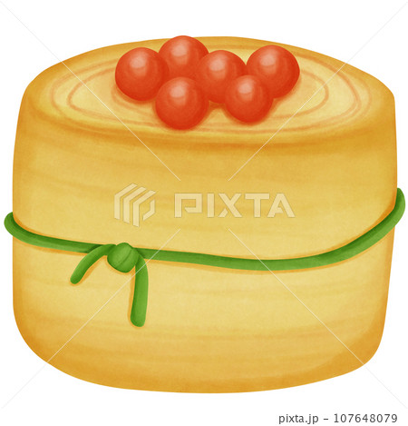 Illustration of an egg roll with shrimp eggs on top and scallions tied in a rope sushi food Illustration of an egg roll with shrimp eggs on top and scallions tied in a rope sushi food 107648079