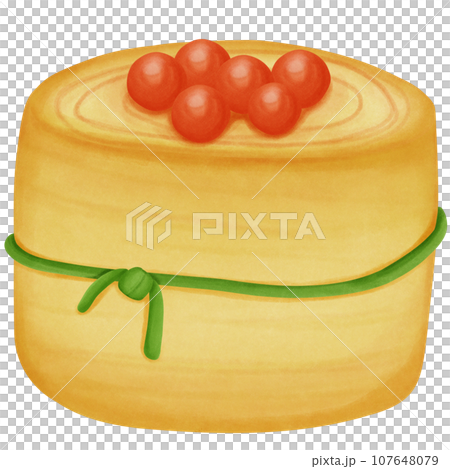 Illustration of an egg roll with shrimp eggs on top and scallions tied in a rope sushi food Illustration of an egg roll with shrimp eggs on top and scallions tied in a rope sushi food 107648079