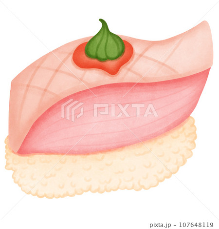 Illustration of sushi, tuna, sashimi on rice and wasabi Illustration of sushi, tuna, sashimi on rice and wasabi 107648119