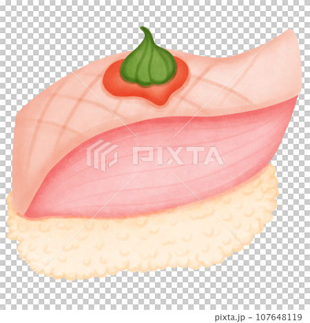 Illustration of sushi, tuna, sashimi on rice and wasabi Illustration of sushi, tuna, sashimi on rice and wasabi 107648119