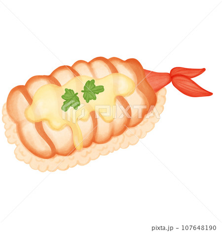 Illustration of sushi roll with shrimp topped with sauce and cilantro. 107648190