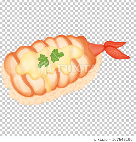 Illustration of sushi roll with shrimp topped with sauce and cilantro. 107648190