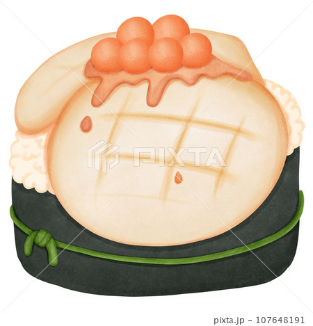 Illustration of seaweed sushi roll with grilled shellfish and shrimp roe, watercolor painting 107648191