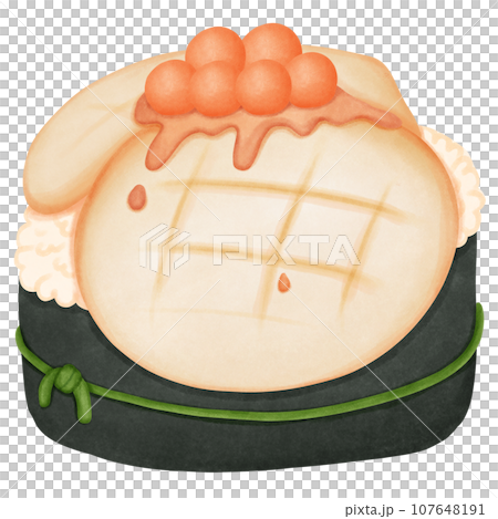 Illustration of seaweed sushi roll with grilled shellfish and shrimp roe, watercolor painting 107648191