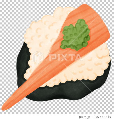 Illustration of sushi seaweed rice rolls with crab sticks and coriander, watercolor painting 107648215