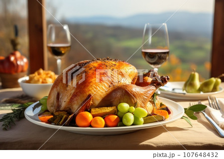 Festive celebration roasted turkey for Thanksgiving. Roast turkey, grapes and red wine. 107648432