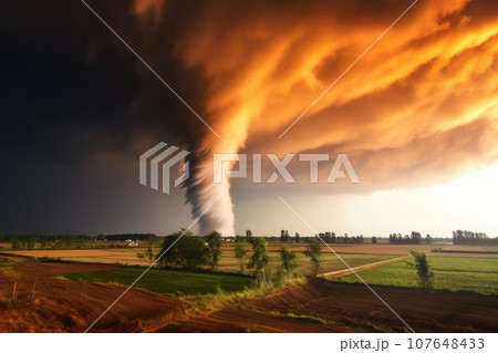 Tornado raging over a landscape. 107648433