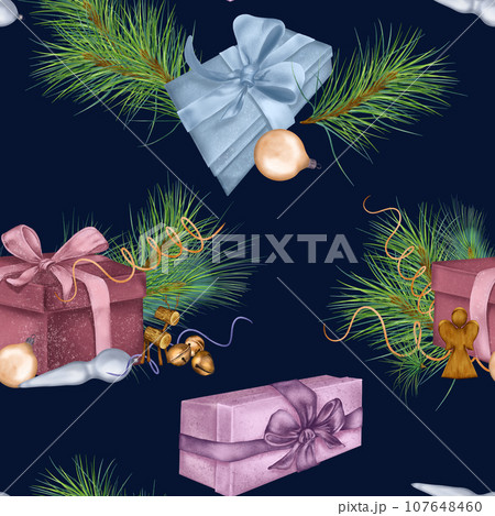 Christmas seamless pattern of gift boxes, Christmas decorations digital illustration isolated on black. Pine branch, deer, angel hand drawn. Element for holiday print, new year wrapping, background 107648460