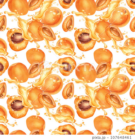 Watercolor seamless pattern with apricots and juice drop isolated on white. Painting segment fruits, nectarine, splashing juice hand drawn. Design element for package, textile, wrapping, paper Watercolor seamless pattern with apricots and juice drop isolated on white. Painting segment fruits, nectarine, splashing juice hand drawn. Design element for package, textile, wrapping, paper 107648461