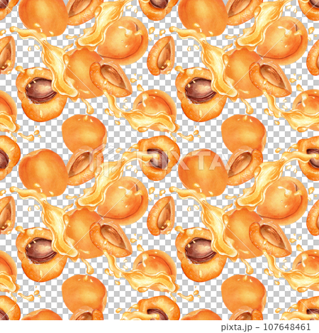 Watercolor seamless pattern with apricots and juice drop isolated on white. Painting segment fruits, nectarine, splashing juice hand drawn. Design element for package, textile, wrapping, paper Watercolor seamless pattern with apricots and juice drop isolated on white. Painting segment fruits, nectarine, splashing juice hand drawn. Design element for package, textile, wrapping, paper 107648461