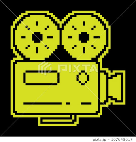 Pixel silhouette icon old camcorder. Filming movie on retro instrument. Film recording of movie. Simple black and yellow vector Pixel silhouette icon old camcorder. Filming movie on retro instrument. Film recording of movie. Simple black and yellow vector 107648617