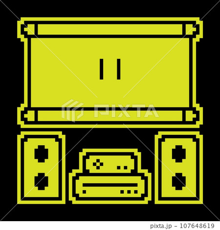 Pixel silhouette icon. Home theater with speakers and projector screen. Premium home cinema equipment. Simple black and yellow vector isolated Pixel silhouette icon. Home theater with speakers and projector screen. Premium home cinema equipment. Simple black and yellow vector isolated 107648619
