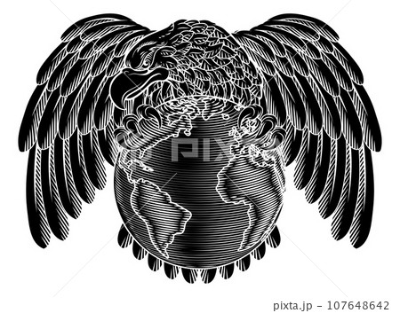 Eagle World Globe Map Earth Global Planet Woodcut 107648642