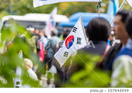 People rally in the street in support of Korea USA alliance in Seoul South Korea People rally in the street in support of Korea USA alliance in Seoul South Korea 107648849