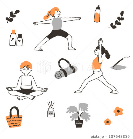 ヨガをする女性と関連アイコンのセット ヨガをする女性と関連アイコンのセット 107648859