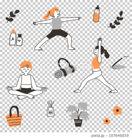 ヨガをする女性と関連アイコンのセット ヨガをする女性と関連アイコンのセット 107648859