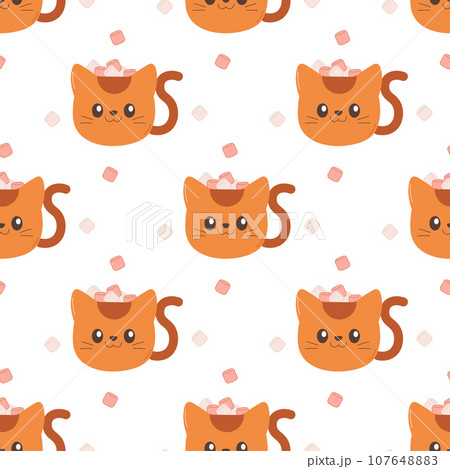Pattern seamless mug with cat and marshmallows, winter, christmas. Pattern seamless mug with cat and marshmallows, winter, christmas. 107648883