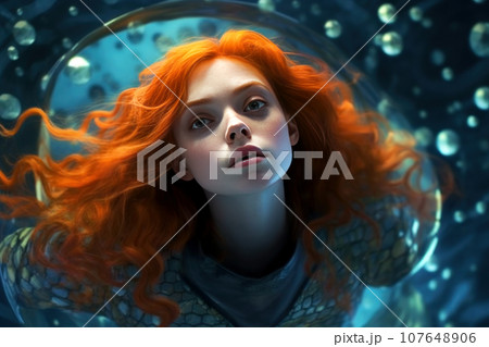 Young pretty woman with fishes and water bubbles around her Young pretty woman with fishes and water bubbles around her 107648906
