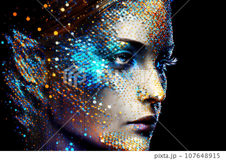 A profile of a human face created from glowing machine code on a dark blue background A profile of a human face created from glowing machine code on a dark blue background 107648915