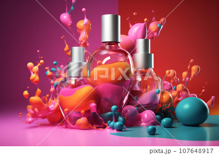 Glass bottles with a transparent essence and a silver lid on an abstract multicolored background Glass bottles with a transparent essence and a silver lid on an abstract multicolored background 107648917