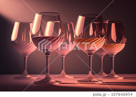 A collection of elegant transparent glasses on a high stem with a pink drink A collection of elegant transparent glasses on a high stem with a pink drink 107648954