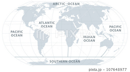 The five oceans of the world, gray map. Model of oceanic divisions with approximate boundaries. Pacific, Atlantic, Indian, Arctic, and Southern or Antarctic Ocean. World oceans, bodies of salt water. 107648977