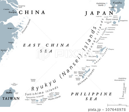 Ryukyu Islands, also known as Nansei Islands, gray political map. The Ryukyu Arc, a Japanese, mostly volcanic island chain stretching from Kyushu, Japan, to westernmost Yonaguni Island east of Taiwan. Ryukyu Islands, also known as Nansei Islands, gray political map. The Ryukyu Arc, a Japanese, mostly volcanic island chain stretching from Kyushu, Japan, to westernmost Yonaguni Island east of Taiwan. 107648978