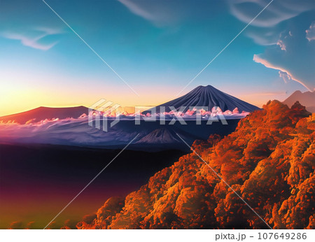 Mt. Fuji at sunrise in the clouds. 3d illustration. Generative AI 107649286