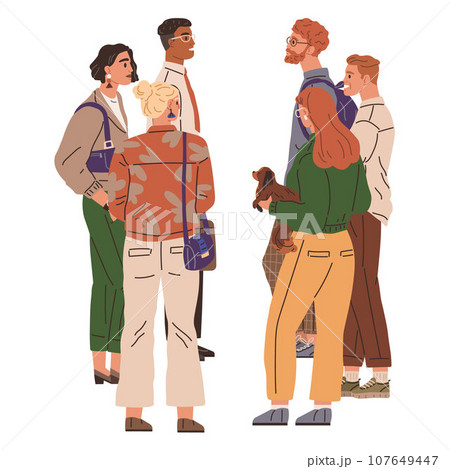 Waiting line, people queuing. Vector illustration. Standing in line is considered sign civility and order The person wait for table at popular restaurant cbe quite long The big queue at concert hall Waiting line, people queuing. Vector illustration. Standing in line is considered sign civility and order The person wait for table at popular restaurant cbe quite long The big queue at concert hall 107649447