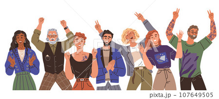 Happy people concept. Vector illustration Celebrating people commemorate achievements with joy Happy crowd dances in unison at concert Happy people bring warmth holiday celebrations Men and women 107649505