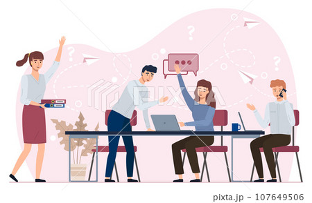 Office workers. Vector illustration. A business person navigates complexities of corporate world The office workplace provides professional environment for productivity Teamwork essential Office workers. Vector illustration. A business person navigates complexities of corporate world The office workplace provides professional environment for productivity Teamwork essential 107649506