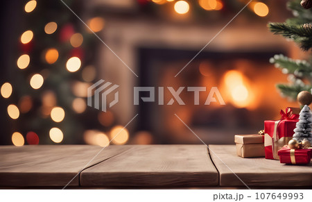 Christmas table with blurred fireplace backdrop 107649993
