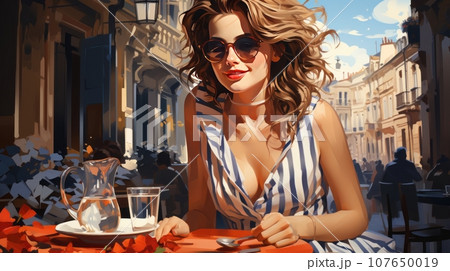 Woman sitting in a Paris cafe Woman sitting in a Paris cafe 107650019