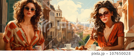 Two women sitting in a Paris cafe Two women sitting in a Paris cafe 107650028