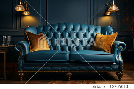 Classic blue leather sofa in classic interior. 3D render 107650139