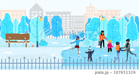 Ice rink on big city street. Adults and children happy ice skate on street against background urban buildings snowflakes falling. Friends at ice-skating outdoor rink merry christmas winter holidays 107651329