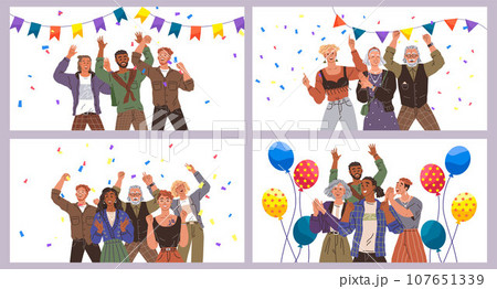 Happy people concept. Vector illustration Happy body language communicates feeling accomplishment People in victory hug each other tightly Good teamwork friendship sets foundation united group party Happy people concept. Vector illustration Happy body language communicates feeling accomplishment People in victory hug each other tightly Good teamwork friendship sets foundation united group party 107651339