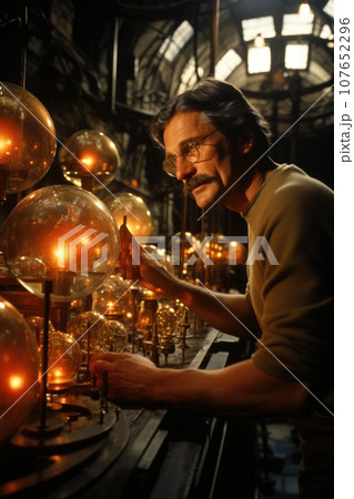 A man with glasses and a moustache is working on a light fixture, AI A man with glasses and a moustache is working on a light fixture, AI 107652296