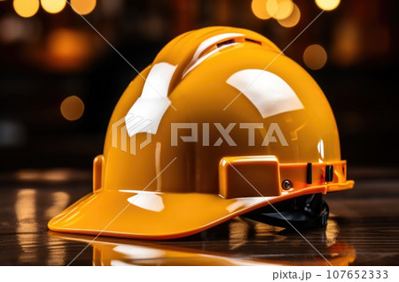 A hard hat sitting on top of a wooden table, AI A hard hat sitting on top of a wooden table, AI 107652333