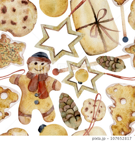 Hand drawn watercolor illustration. Homemade shortbread cookies, gingerbread, craft gift, pinecone, Christmas ornament. Seamless pattern isolated on white background. Bakery shop, logo, paper, card 107652817
