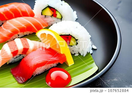 Sushi rolls with salmon, tuna, avocado and cucumber on black background. Generative AI. 107652884