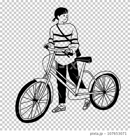 Line drawing vector illustration of a young woman with a bicycle 107653071